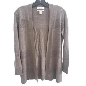 Ellen Tracy Taupe 100% Extra Fine Merino Wool Open Front Cardigan - M